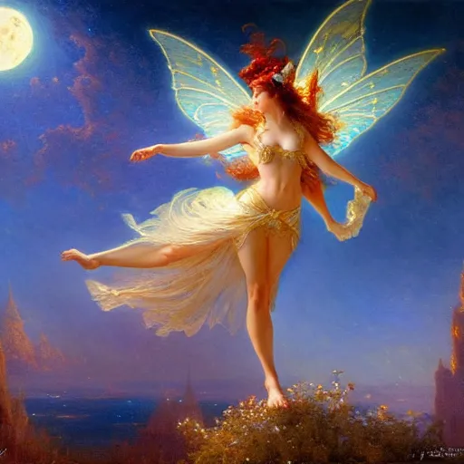 Prompt: attractive fairy magically floating high in the night, fantasy, full moon in background. highly detailed painting by gaston bussiere, craig mullins, j. c. leyendecker, mid shot, 8 k
