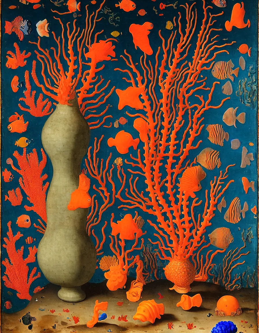 Prompt: bottle vase of coral under the sea coming from a very very beautiful african man body, the bottle vases are decorated with a dense field of stylized scrolls that have opaque outlines enclosing mottled blue washes, with orange shells and purple fishes, Ambrosius Bosschaert the Elder, oil on canvas, around the edges there are no objects