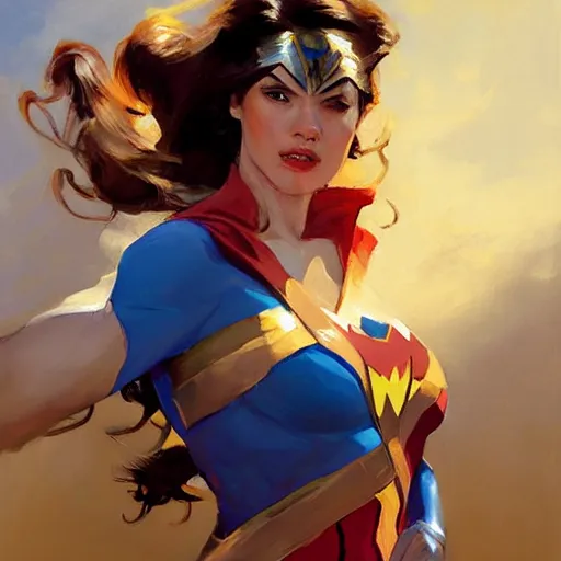 Prompt: greg manchess portrait painting of wonderwoman as overwatch character, medium shot, asymmetrical, profile picture, organic painting, sunny day, matte painting, bold shapes, hard edges, street art, trending on artstation, by huang guangjian and gil elvgren and sachin teng