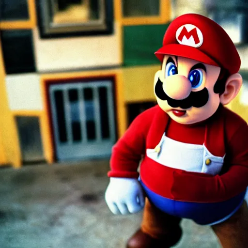 Image similar to Super Mario, 35mm, age, candid portrait photo by annie leibovitz