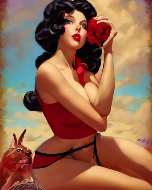 Prompt: in the style of artgerm and Andreas Rocha and Gil Elvgren and Joshua Middleton and Gil Elvgren, full body pin-up modeling of pretty young woman with dreadlocks, symmetrical face, red paint strip across eyes, natural lighting, warm colors, american postcard art style, pin-up postcard