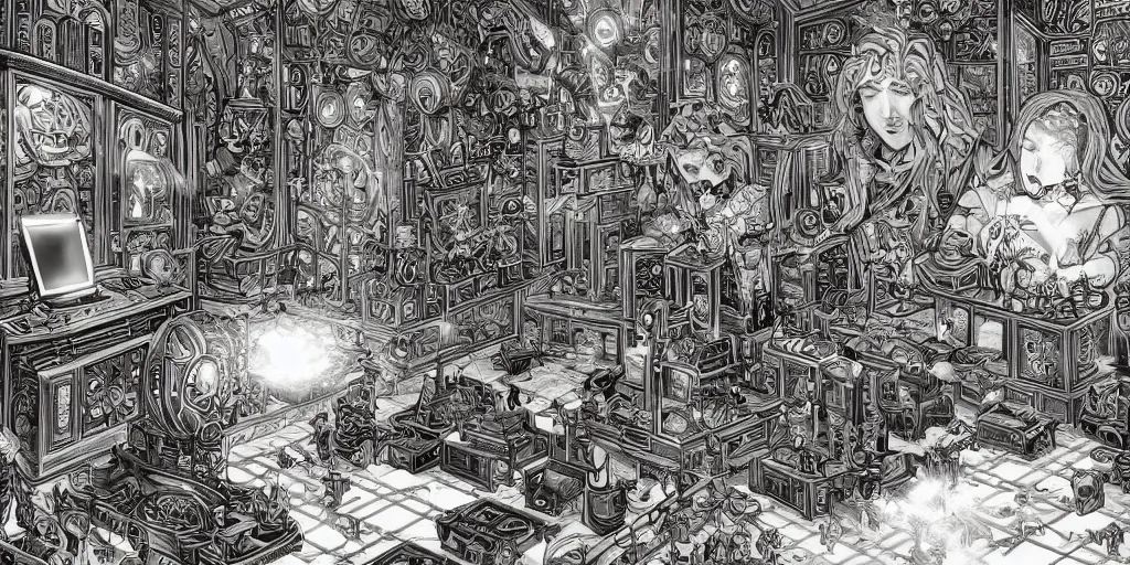 Prompt: beautifully detailed scene of a cyberpunk hyperborean magitech esoteric play and games scholar floral patterned robes in his study with holographic machinery, board games, chess contraptions, video game consoles, controllers, large crt monitors, books light projection mystical outdoor temple natural scene