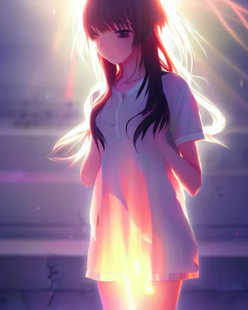 Image similar to anime style, vivid, expressive, full body, 4 k, a cute girl with white skin and long wavy hair humming a song, stunning, realistic light and shadow effects, centered, simple background, studio ghibly makoto shinkai yuji yamaguchi