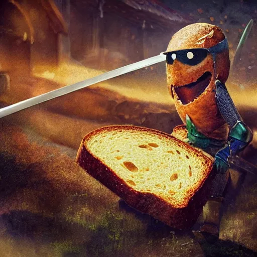 Image similar to medieval battle toast, a slice of toasted bread with a face, arms and legs, holding a sword, cute, pixar, volumetric lighting, dynamic composition, fantasy, hyper detailed, ultra realistic, sharp focus, octane render, concept art by ruan jia and heng z and artem