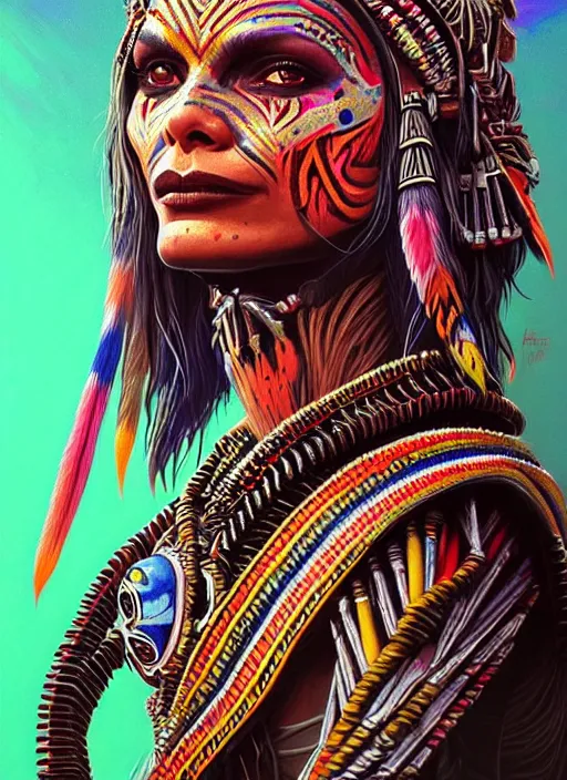 Image similar to portrait of michelle pfeiffer, hyper detailed ultra sharp aztec shaman warrior. trending on artstation, warpaint aesthetic, bloodwave, colorful, psychedelic, ornate, intricate, digital painting, concept art, smooth, sharp focus, illustration, art by artgerm and greg rutkowski and h. r. giger, 8 k