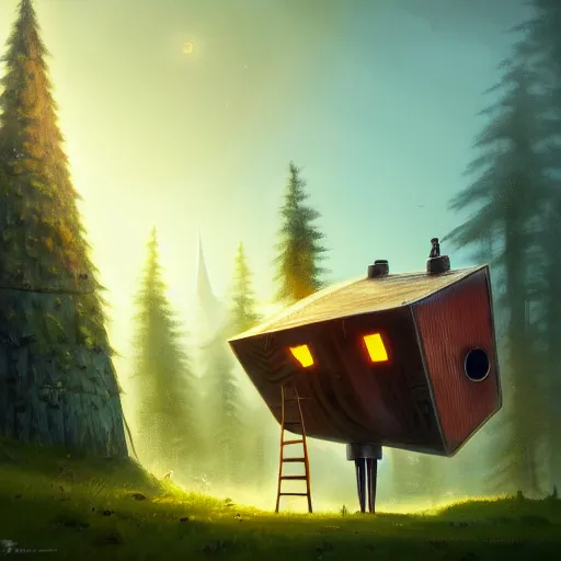 Prompt: a walking wood and metal house with two mechanical legs and one big eye, smoky chimney, rust, hyperrealistic, highly detailed, cinematic, single ray of sun, morning, pareidolia, dynamic composition, gravity falls style, ghibli style, beautiful, pine trees in the background, cgssociety, artstation, 8 k, oil painting, digital art