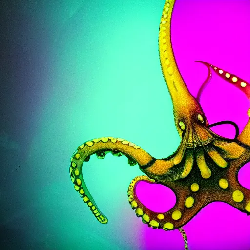 Image similar to an x - ray of an octopus, neon, dark background, underwater