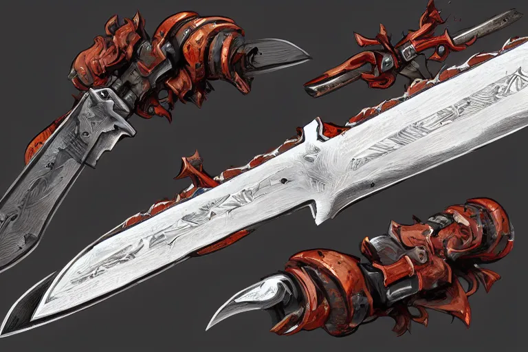 Image similar to chainsaw sword, weapon illustration, concept art, heavy linework, painterly, trending on artstation