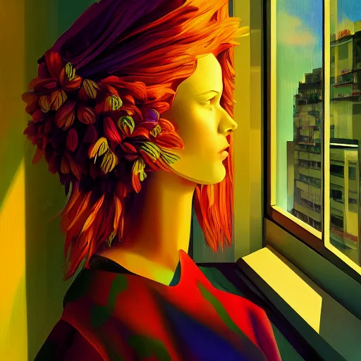 Image similar to closeup, giant flower head, woman next to modern windows, luxury apartment, surreal photography, dramatic light, impressionist painting, digital painting, artstation, james gilleard