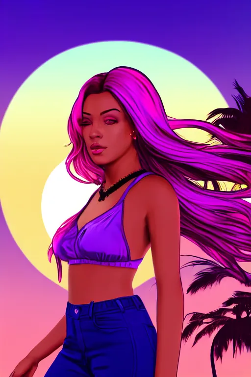 Prompt: a stunning GTA V loading screen with a beautiful woman with ombre purple pink hairstyle, hair blowing in the wind, hoop earrings, sunset mood, outrun, vaporware, retro, digital art, trending on artstation