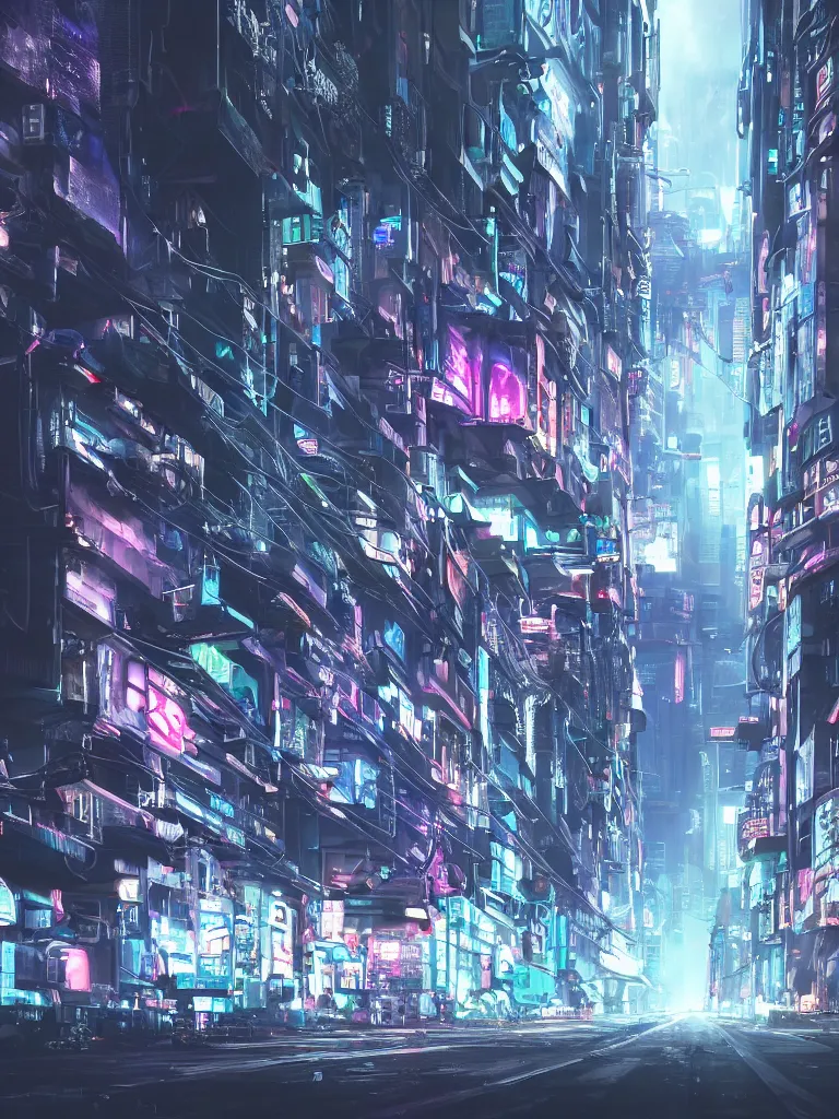 Image similar to futuristic cyberpunk street, cable stone ground. lots hanging cables, tiny wires on the ground. narrow, garbage on the ground. rain. fog, haze, evening. led screens. neon signs. ghost in the shell. very sharp. cables on the ground. very messy. futuristic. photorealistic. artstation. anime. studio gimbli style. golden rate.