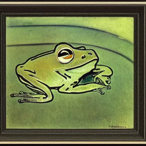 Prompt: frog, green, pond, portrait by Alphonse Mucha