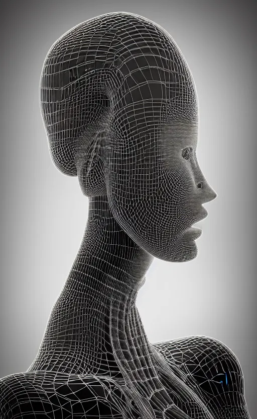 Image similar to black and white complex 3d render of a beautiful profile woman face, vegetal dragon cyborg, 150 mm, beautiful natural soft light, silver details, magnolia stems, roots, fine lace, maze like, mandelbot fractal, anatomical, facial muscles, cable wires, microchip, elegant, highly detailed, silver metalic armour, rim light, octane render, H.R. Giger style