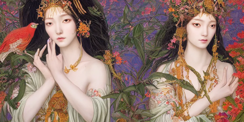 Image similar to breathtaking detailed concept art painting of the goddess of exotic bird, orthodox saint, with anxious, piercing eyes, ornate background, amalgamation of leaves and flowers, by hsiao - ron cheng and john james audubon and miho hirano, extremely moody lighting, 8 k