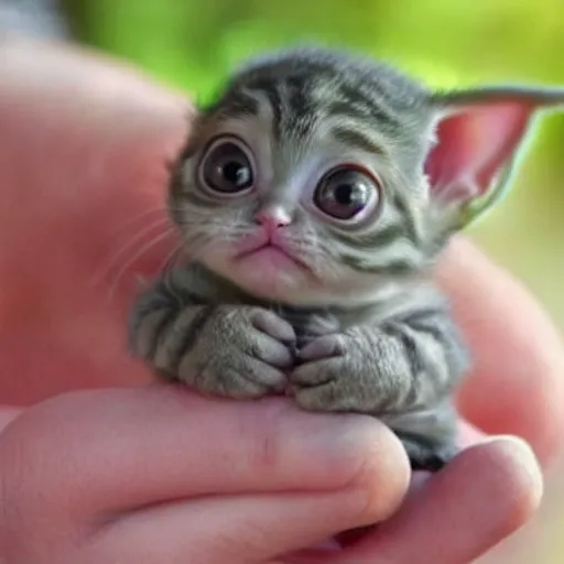 Prompt: a tiny pigmy baby yoda-kitten hybrid in the palm of a person's hand, super cute