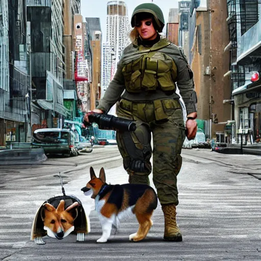 Image similar to female soldier with corgi sniffer dog in sci-fi city, digital art