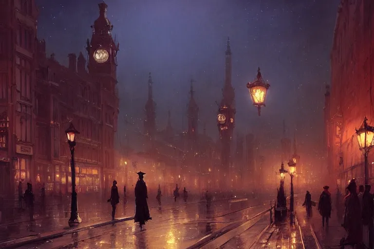 Image similar to an victorian city, scene in the night. 1 8 9 0, key visual, conceptart, ambient lighting, highly detailed, digital painting, artstation, concept art, sharp focus, by makoto shinkai and akihiko yoshida and greg manchess