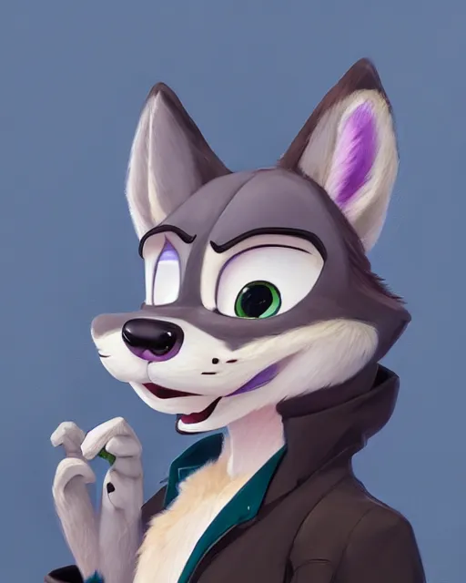 Image similar to beautiful oil painting of anthromorphic female wolf, in style of zootopia, zootopia, zootopia, fursona, furry, furaffinity, 4 k, deviantart, furry art, fursona art, wearing black business suit, business suit, in style of zootopia, wolf fursona, cyberpunk, female, very very very expressive detailed feminine face,