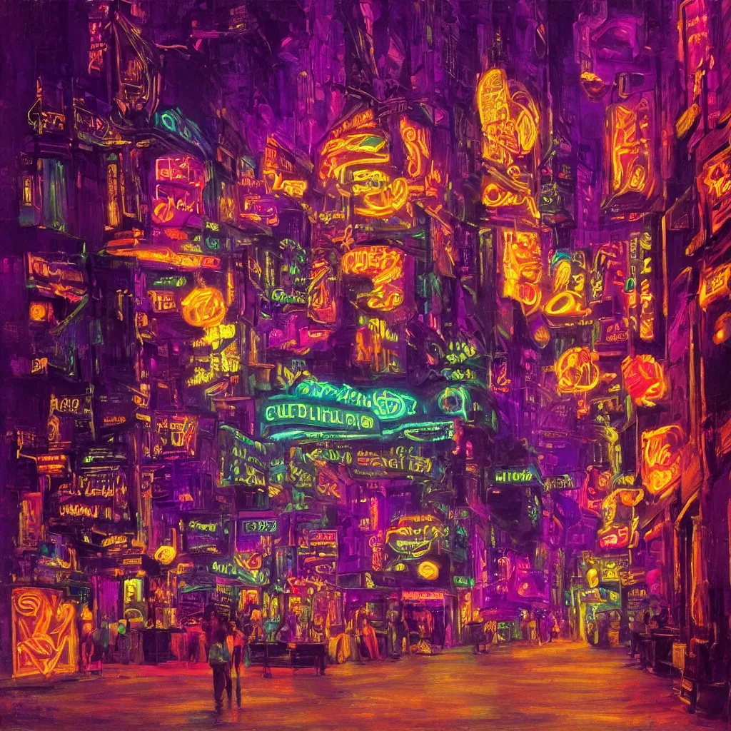 Image similar to a neon seedy city at night. in the style of delphin enjolras. purple color scheme. intricate. highly detailed.