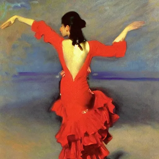 Prompt: painting by john singer sargent of flamenco dancer sunset