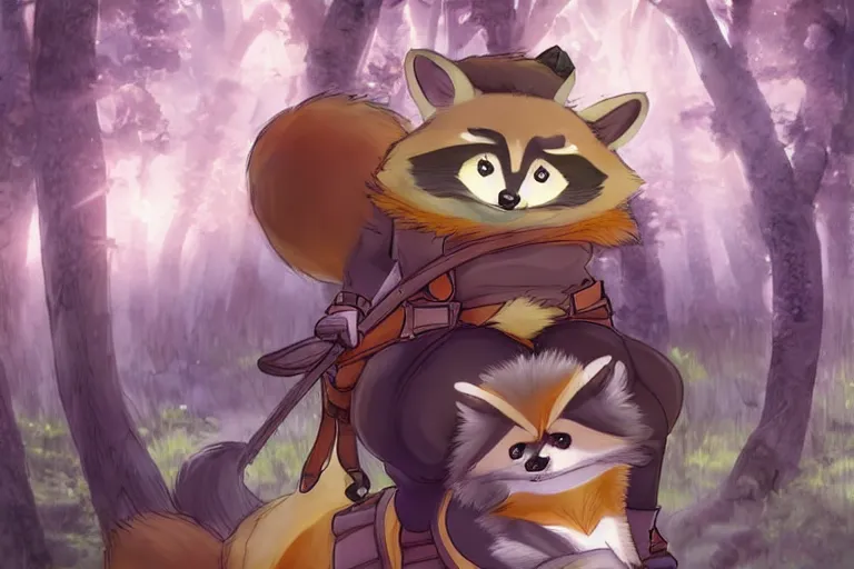 Image similar to an anthro anthro raccoon, riding an oversized fox through a forest, glowing with silver light, today's featured anime still, 1 6 k, character design, furry art, furaffinity