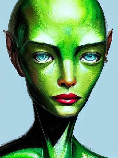 Image similar to green alien girl, portrait, digital painting, elegant, beautiful, highly detailed, artstation, concept art