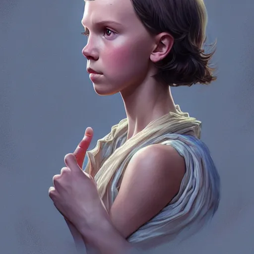 Image similar to millie bobby brown portrait of forest gog, female, clear face, masculine, upper body, muscular, fantasy, intricate, elegant, highly detailed, digital painting, artstation, concept art, matte, sharp focus, illustration, art by artgerm and greg rutkowski and alphonse mucha