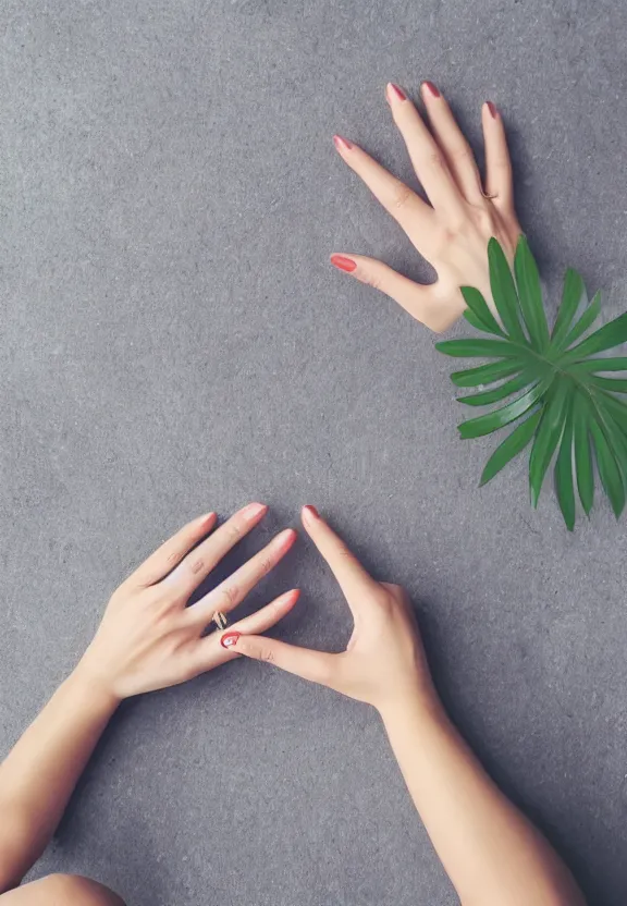 Image similar to an instagram photo of one ultra detailed woman's palm with 5 fingers lying on the table, instagram photo, studio photo