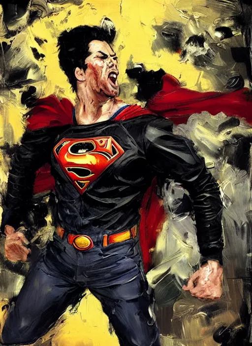 Image similar to angry joe screaming, superman shirt, leather jacket, painting by phil hale, fransico goya,'action lines '!!!, graphic style, visible brushstrokes, motion blur, blurry