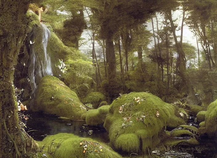 Prompt: enchanged forest. looking down into hole. waterfall to a tranquil pond and with a sandy beach. edgar maxence and caravaggio and michael whelan and delacroix style, artistic, intricate painting, cinematic lighting, hyper realistic, extremely detailed, vivid colors, establishing shot, dramatic lighting. rocky sides ( lush patches of moss and ferns ). rough stone stairway