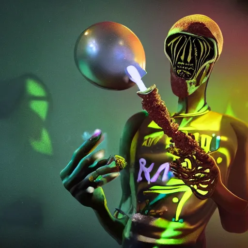 Prompt: alien smoking weed and getting high with, rips bong, raggae art, # 4 2 0, # smokeweedeveryday, rasta, 3 d art, octane render, matte, raytracing, intricate digital painting