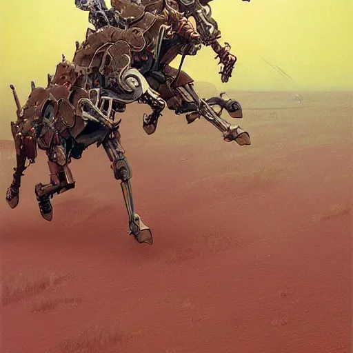 Image similar to carnivorous cyborg horses galloping across a blasted plain. c. leyendecker, simon stalenhag, studio ghibli, barlowe, audobon and beksinski