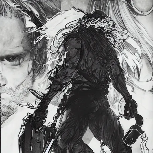 Image similar to a giant of a man was standing in the doorway. his face was almost completely hidden by a long shaggy mane of hair and a wild, tangled beard, but you could make out his eyes, glinting like black beetles under all the hair, in the style of yoji shinkawa