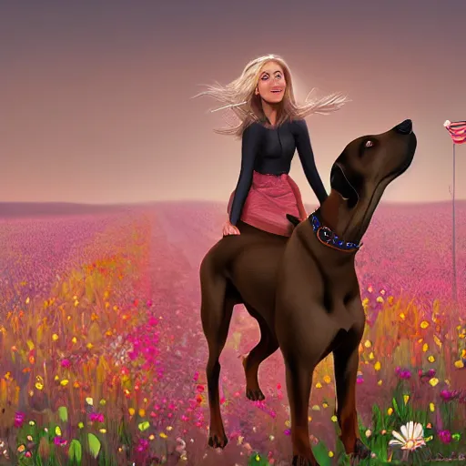 Image similar to girl riding a giant doberman in a field of flowers, trending on artstation