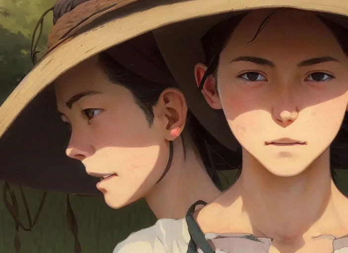 Image similar to a film still portrait of a farmer woman, finely detailed features, closeup at the faces, perfect art, at an ancient village farm, gapmoe yandere grimdark, trending on pixiv fanbox, painted by greg rutkowski makoto shinkai takashi takeuchi studio ghibli, akihiko yoshida