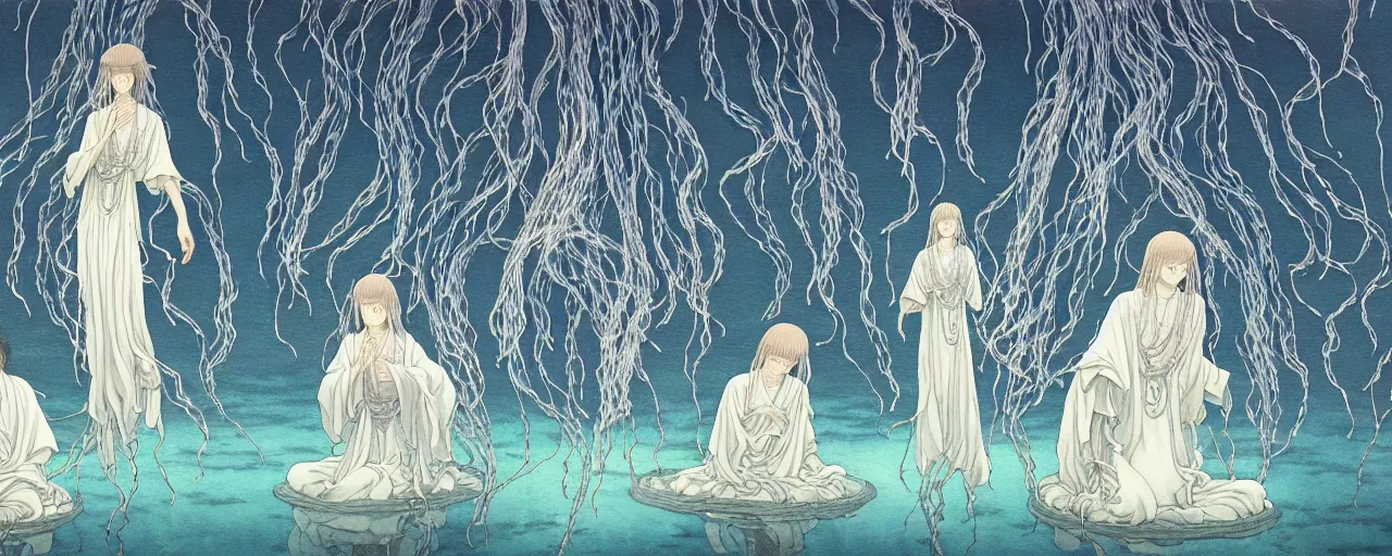 Prompt: A painting of priestesses worshipping at the jellyfish temple, shrouded in mist, jellyfish god, 8K, illustration, by by Takato Yamamoto and Makoto Shinkai, smoke, cinematic, insanely detailed and intricate, hypermaximalist, elegant, super detailed, award-winning, mauve and cyan, mysterious, ancient, ritual, ethereal, trending in cgsociety, artstation HQ, ornate, elite, haunting, matte painting