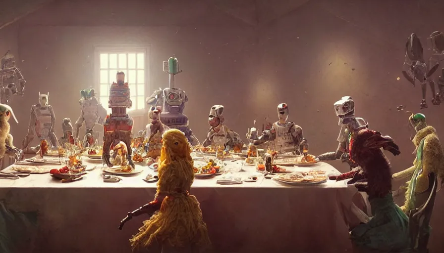 Image similar to a table dinner of robots where robots are dressed like the characters from the midsommar movie, ornate, sharp focus, wide shot, trending on artstation, masterpiece, by greg rutkowski, by ross tran, by fenghua zhong, octane, soft render, ultrarealistic, colorful, cinematic