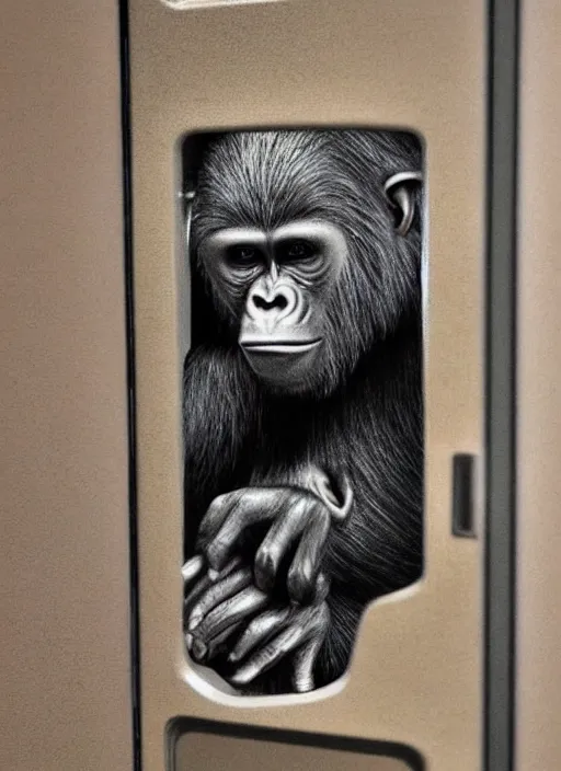 Image similar to uncanny hybrid human - ape, half human half ape inside fuse box in post communist apartment building