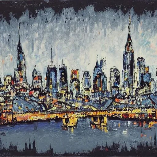 Prompt: A beautiful print of a cityscape with tall spires and delicate bridges. grey by Jackson Pollock angular