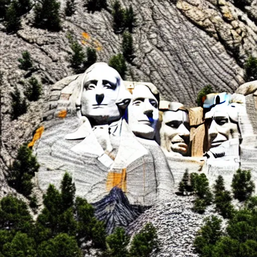 Image similar to a photo of mount rushmore after donald trump's face had been added. the photo depicts a distinguished - looking donald trump face carved into the stone at the mountain top