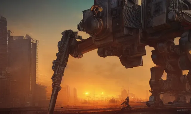 Image similar to Mech defending the city at sunset, photorealistic, hyperrealistic, digital illustrations, concept art, photoreal, cinematic lighting, 30mm film, highly detailed, intricate, award-winning, dark, gritty, beautiful colors, hdr, rendered in Octane, rendered in Unreal engine, 4k, ultra hd