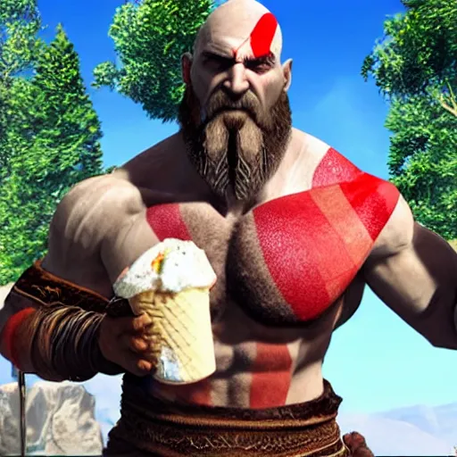 Image similar to kratos the god of war eating a double scoop ice cream