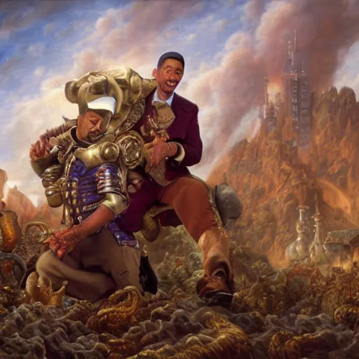 Image similar to Will smith slapping chris rock, Realistic, Regal, Refined, Detailed Digital Art, Michael Cheval, Walt Disney (1937), François Boucher, Oil Painting, Steampunk, Highly Detailed, Cinematic Lighting, Unreal Engine, 8k