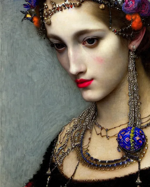 Image similar to a close up of beautiful girl with black lipstick wearing a intricate necklace surrounded by colourful intricate patterns, by edgar maxence and caravaggio and michael whelan, intricate painting, hyper realistic, extremely detailed and beautiful aesthetic face, 8 k resolution