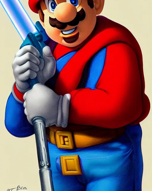 Prompt: portrait of super mario as a jedi, red cap, blue lightsaber, beautiful, very detailed, hyperrealistic, medium shot, very detailed painting by Glenn Fabry, by Joao Ruas