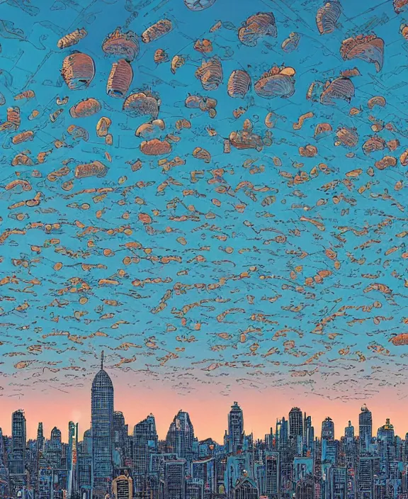 Image similar to city skyline made from obese sea slug lobsters, in the style of a puffy spaceship, skeletons, partly cloudy, spooky, dramatic lighting, by geof darrow, bill sienkiewicz, dan mumford, yusuke murata, makoto shinkai, ross tran, cinematic, unreal engine, cel shaded, featured on artstation, pixiv