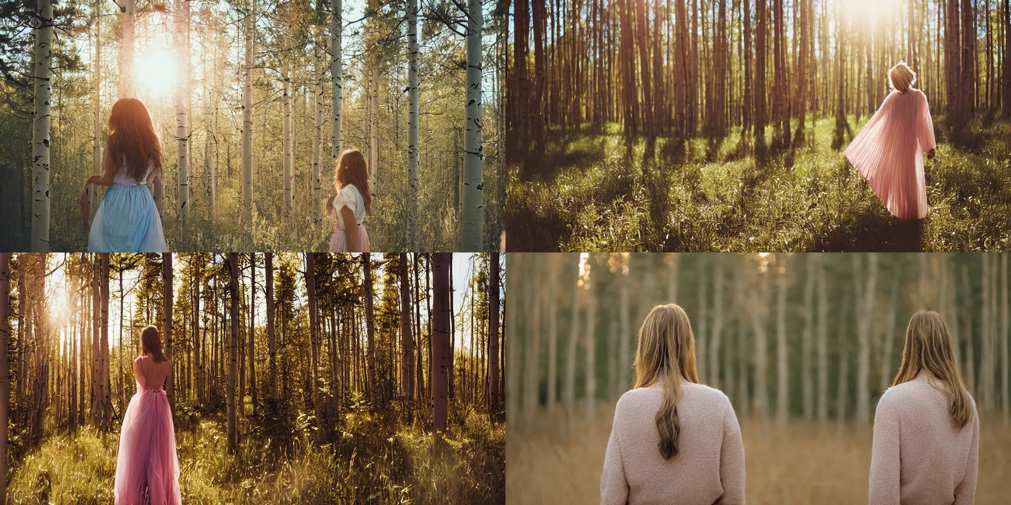 Prompt: photograph of a beautiful!!! woman! from the back standing in aspen forest by mark owen. pastel colors. kodak portra 4 0 0 film!!. whirl bokeh!. mamiya 7. highly detailed. hq. photoreal. golden hour. lens flare. faded film. in - frame