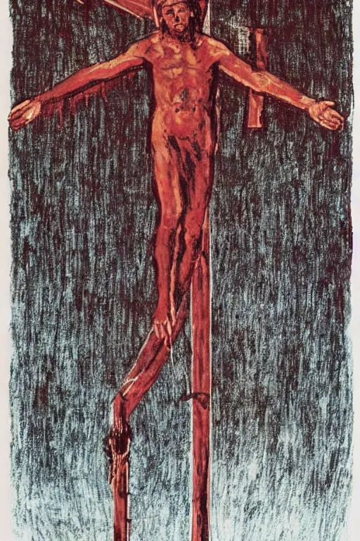 Image similar to bloody christ crucified and huge ufo of light in the sky painted by cy twombly and andy warhol