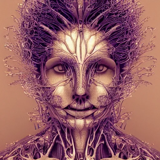 Prompt: beatifull frontal face portrait of a woman, 150 mm, anatomical, flesh, flowers, mandelbrot fractal, facial muscles, veins, arteries, intricate, golden ratio, full frame, microscopic, elegant, highly detailed, ornate, ornament, sculpture, elegant , luxury, beautifully lit, ray trace, octane render in the style of peter Gric , alex grey and Romero Ressendi