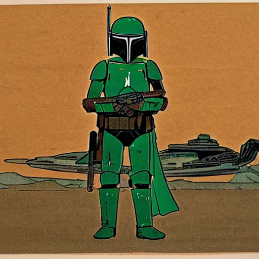 Image similar to boba fett at a cantina, ukio-e artstyle